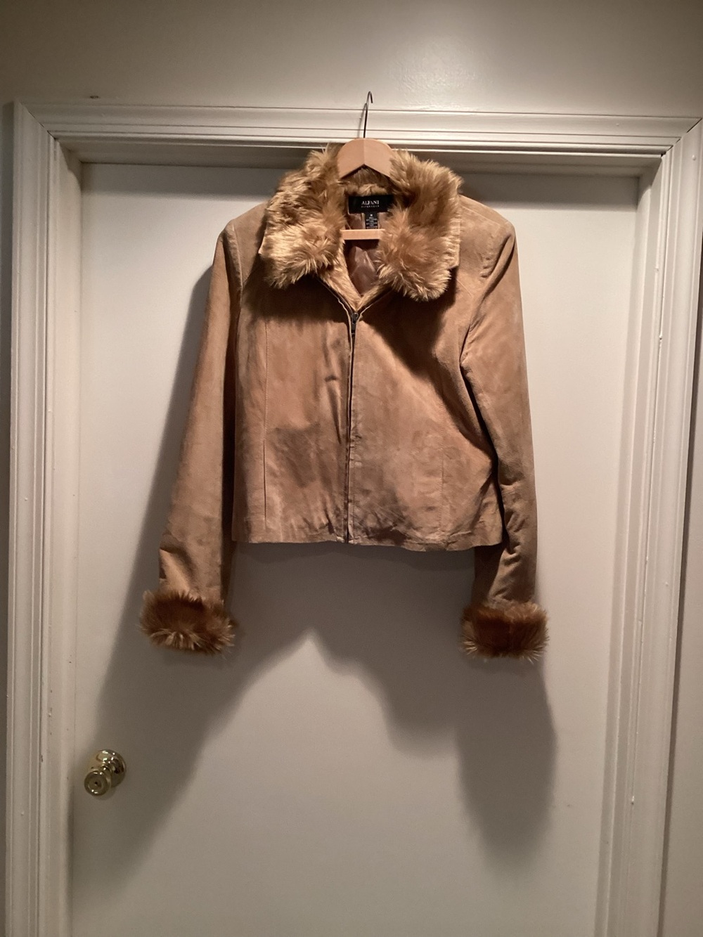 Alfani Suede/Leather Tan Jacket with Fur Trim - Medium